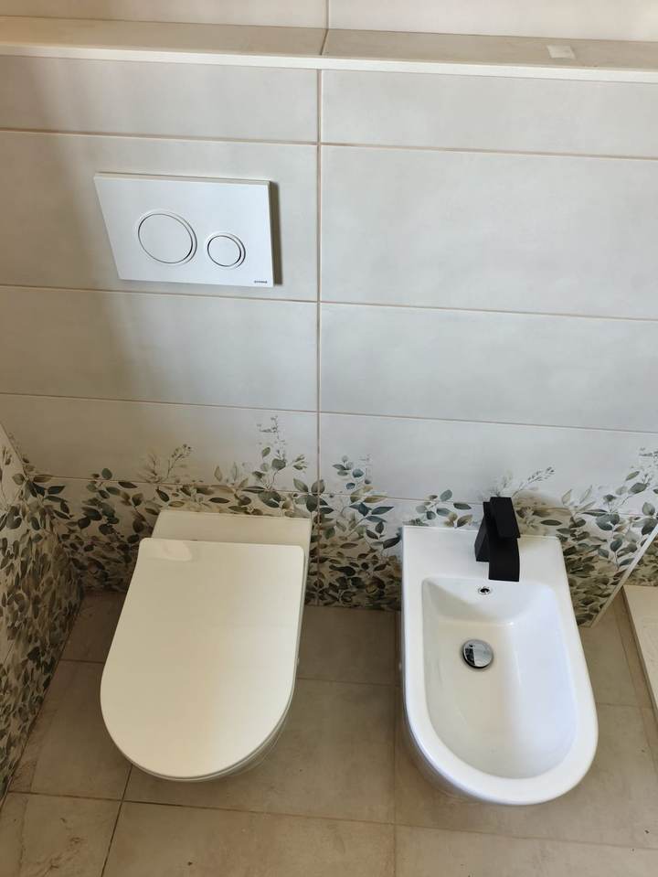 Sanitari sospesi e comando a incasso, rivestimento a foglie — bagno completato